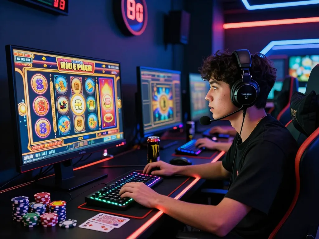 Player celebrating a win on situs gacor slot game with vibrant graphics and gaming setup.