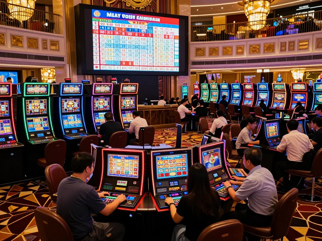Pemain Toto Macau terlibat dalam kegembiraan undian langsung dengan mesin slot berwarna-warni di latar belakang