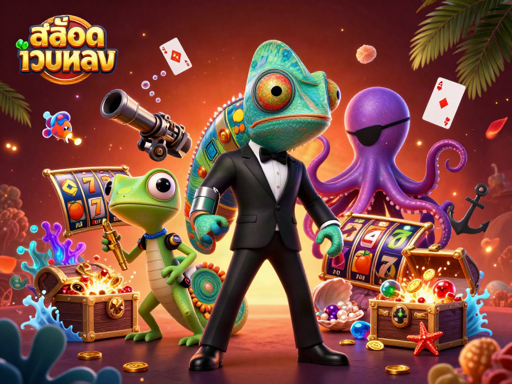 Engage in exciting gaming with สล็อตเว็บตรง showcasing vivid slot reels, colorful gems, and dynamic characters.