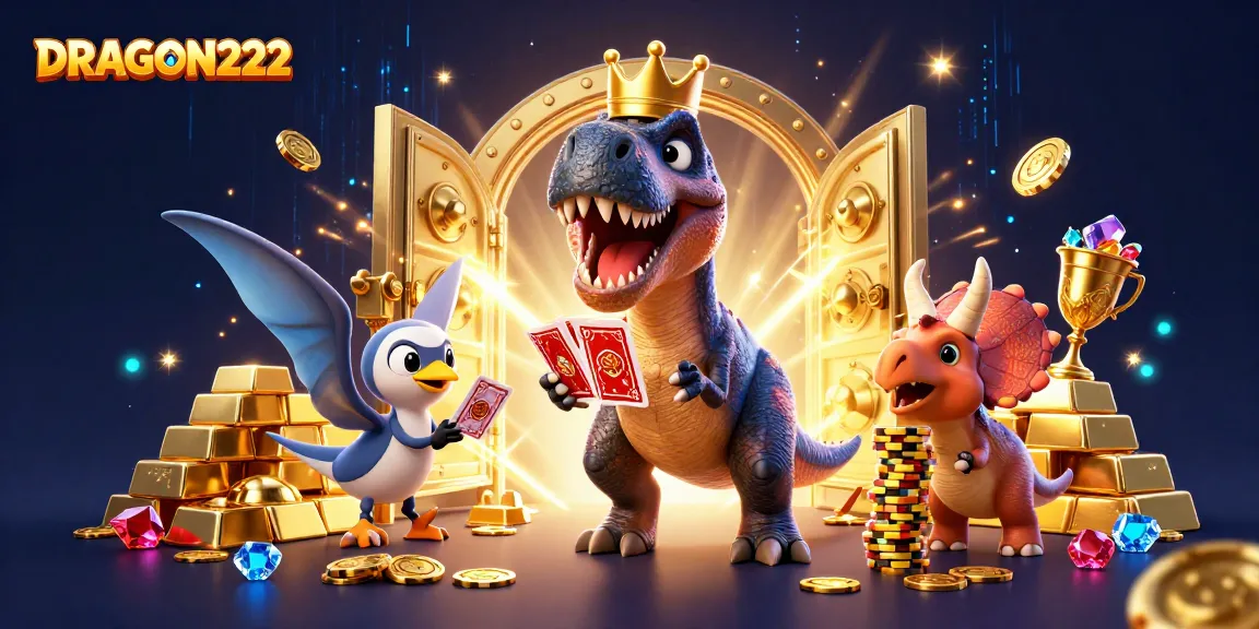 Engage with DRAGON222's thrilling gaming experience as a friendly T-Rex and friends celebrate wins.
