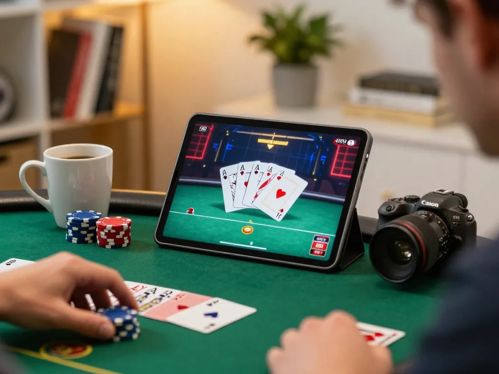 Player enjoying sunwinapk poker game on tablet with strategy notes nearby