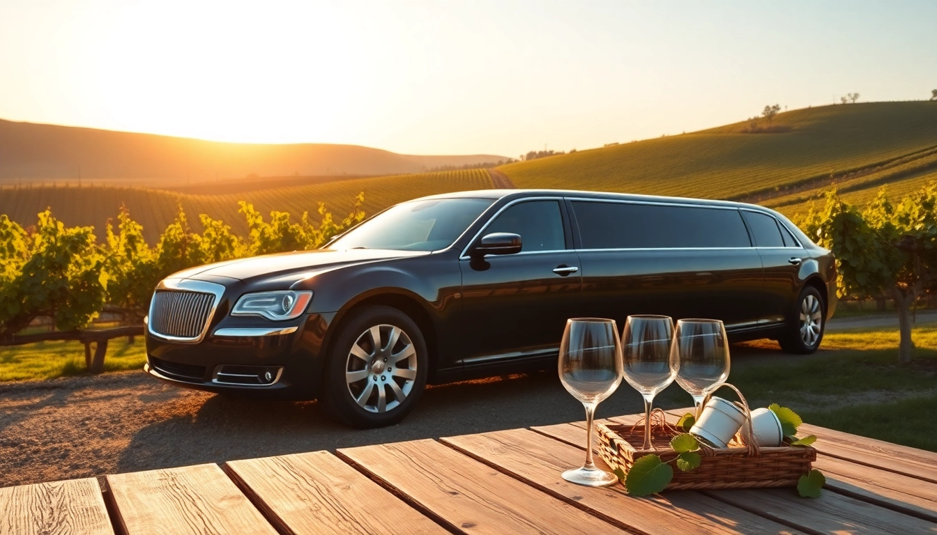 Enjoy limo wine tasting tours in a luxurious vehicle amidst scenic vineyards and sunset views.