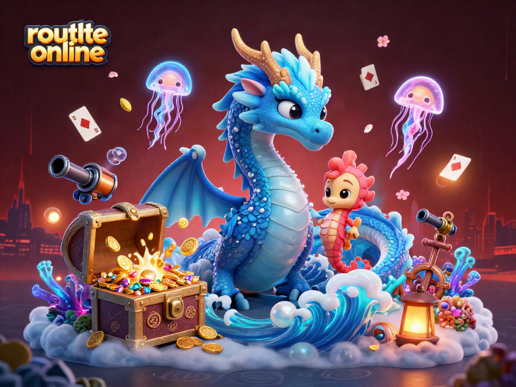 Engage in roulette online with an azure dragon and coral knight amidst vibrant treasures.