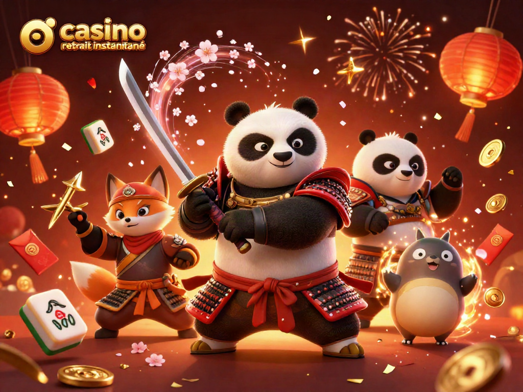 Jouer au casino en ligne retrait instantané avec une image dynamique d'un panda samouraï, renard ninja et tanuki magique.