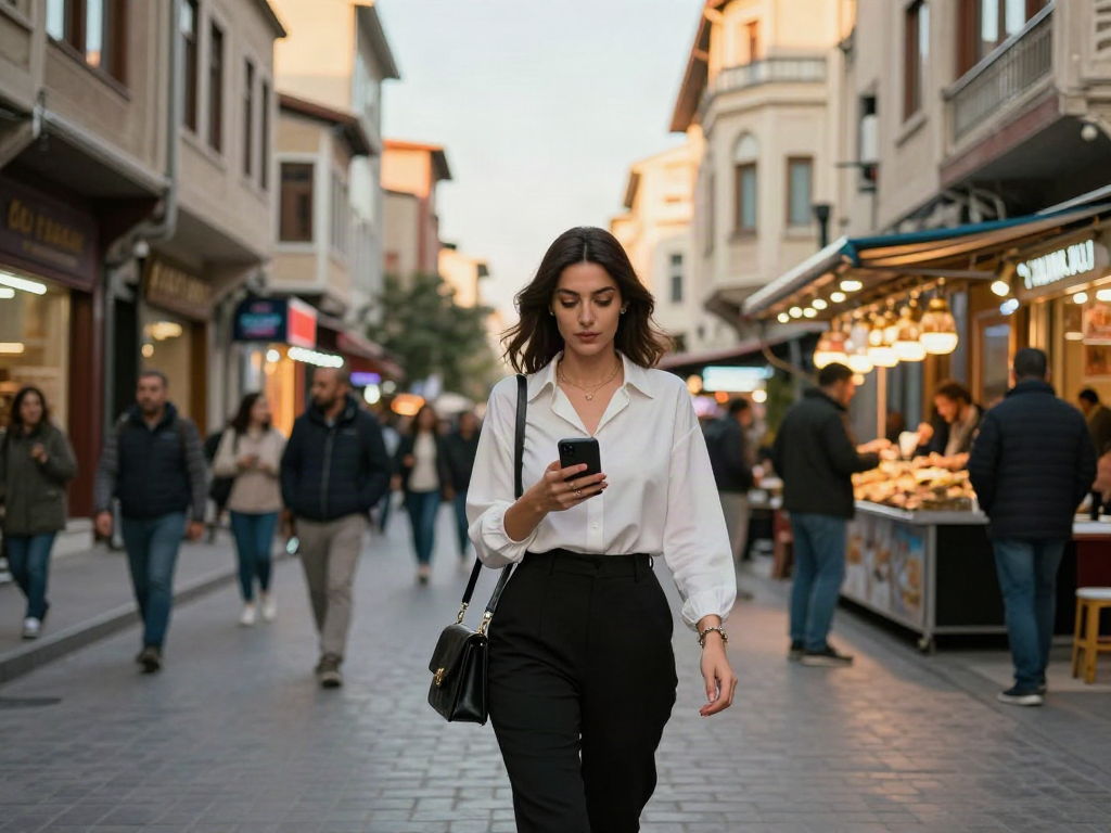 Diyarbakır escort kadın, hareketli şehir ortamında özgüvenle yürüyor.