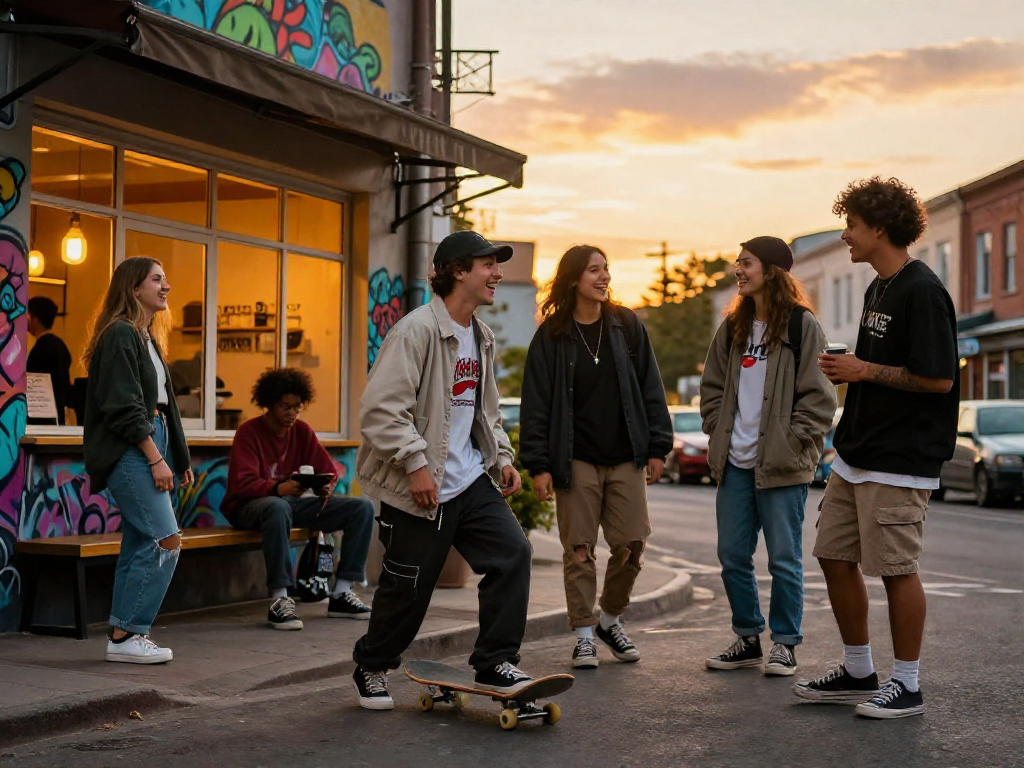 Friends enjoying their crush on each other while hanging out on an urban street at sunset.