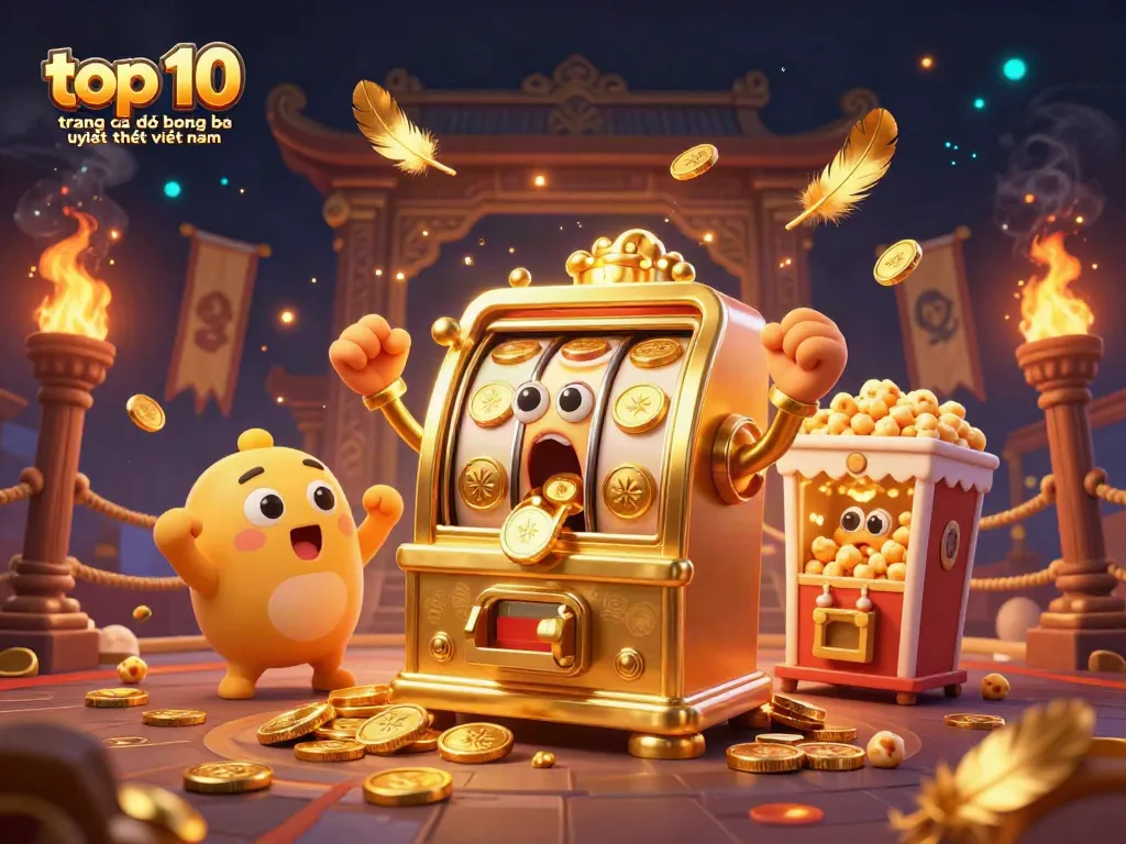 Một bức tranh giới thiệu về top 10 trang cá độ bóng đá uy tín nhất Việt Nam với máy đánh bạc vàng và các yếu tố thể thao.