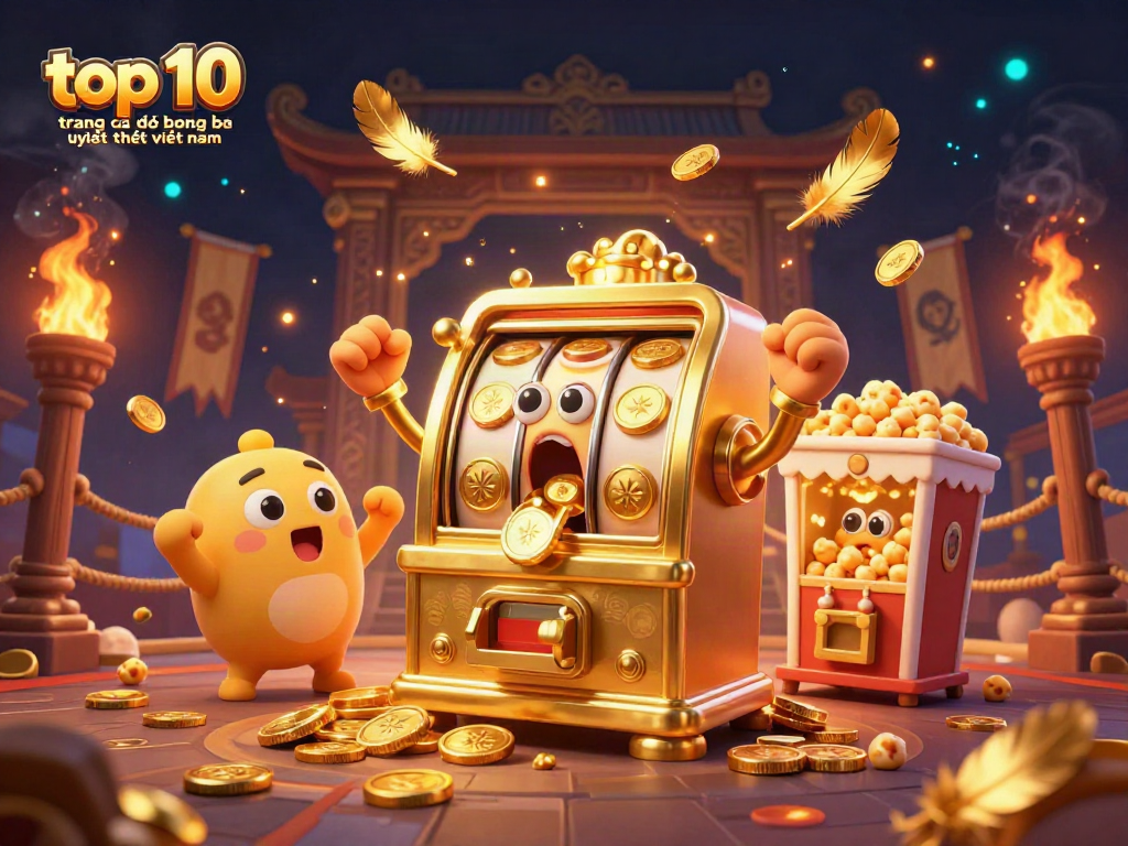 Một bức tranh giới thiệu về top 10 trang cá độ bóng đá uy tín nhất Việt Nam với máy đánh bạc vàng và các yếu tố thể thao.