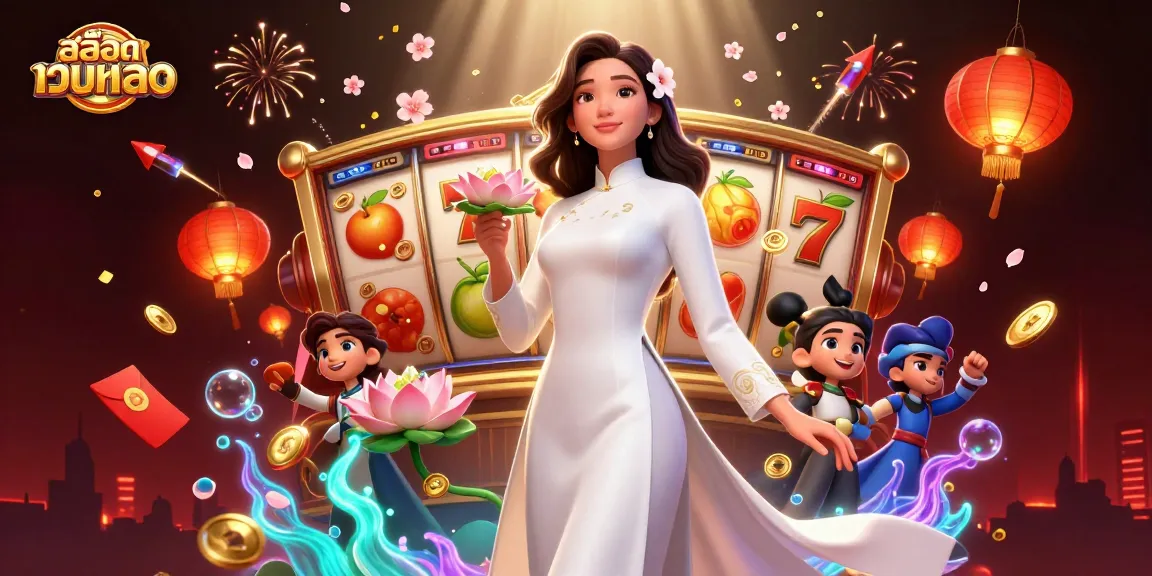 Experience สล็อตเว็บตรง action with vivid slot reels, cherry blossoms, and an elegant woman showcasing luck.