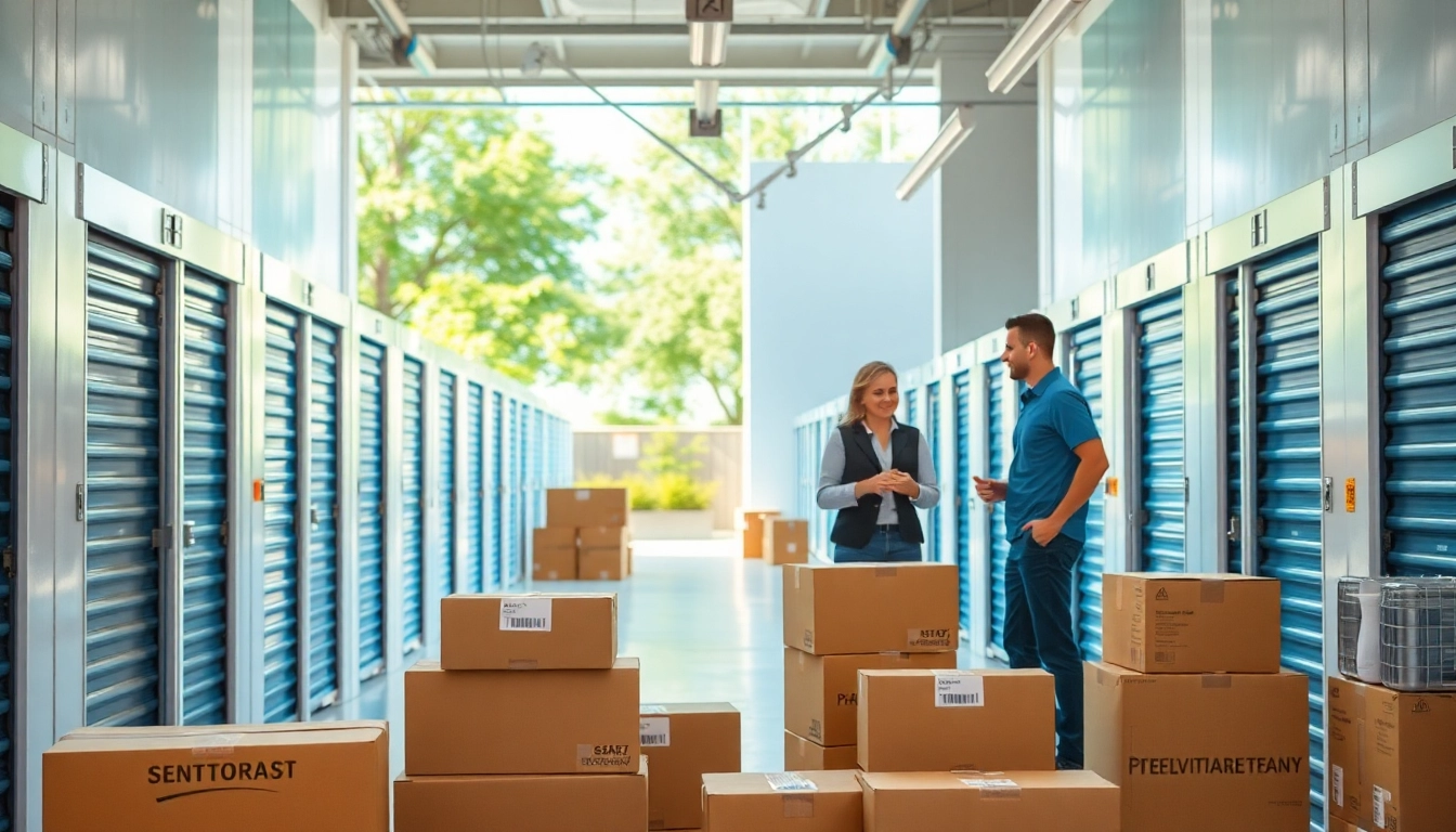 Showcasing self storage units with a helpful staff member in a clean facility.
