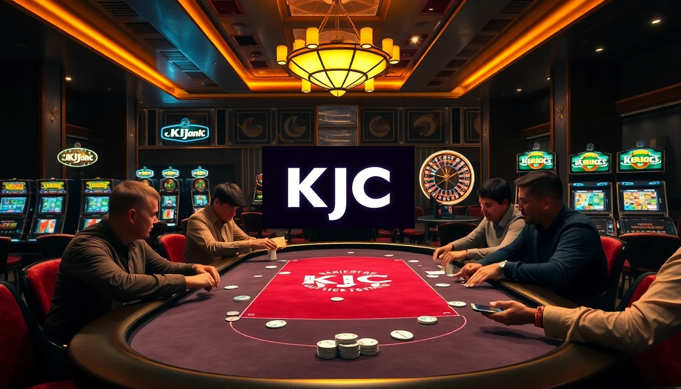 Excited players enjoy poker at a KJC branded table in a luxurious casino atmosphere.