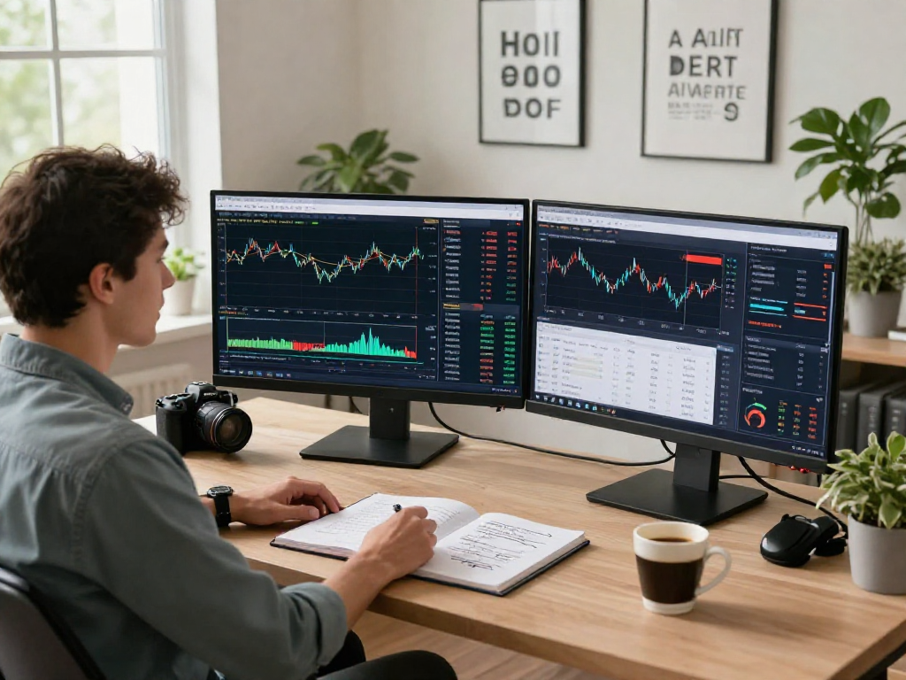 MetaTrader 5交易平台界面展示，交易者在现代化办公空间中进行金融分析，展示活跃的市场图表与交易数据。