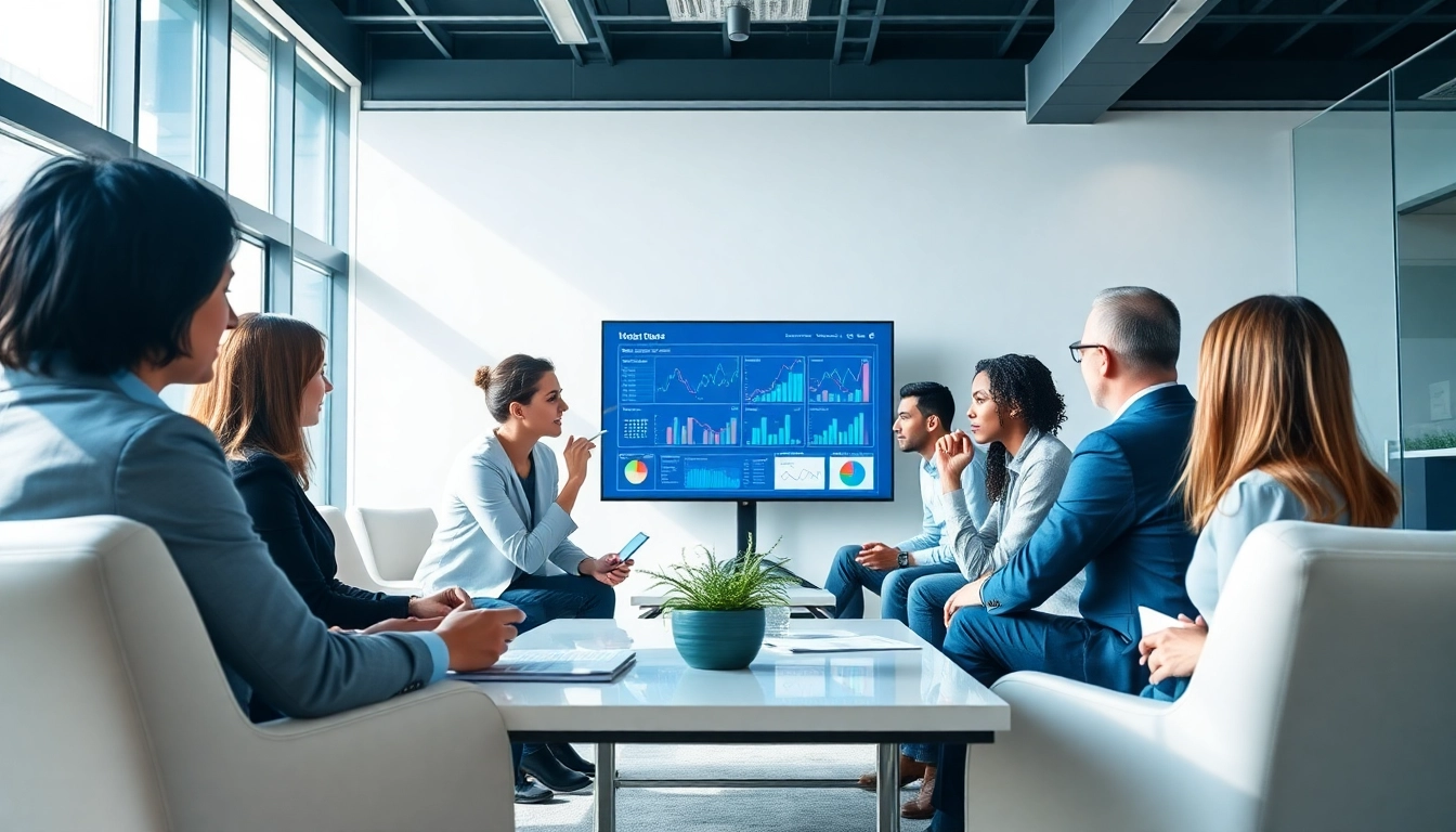 Engaged team discussing b2b competitive intelligence strategies in a modern office.