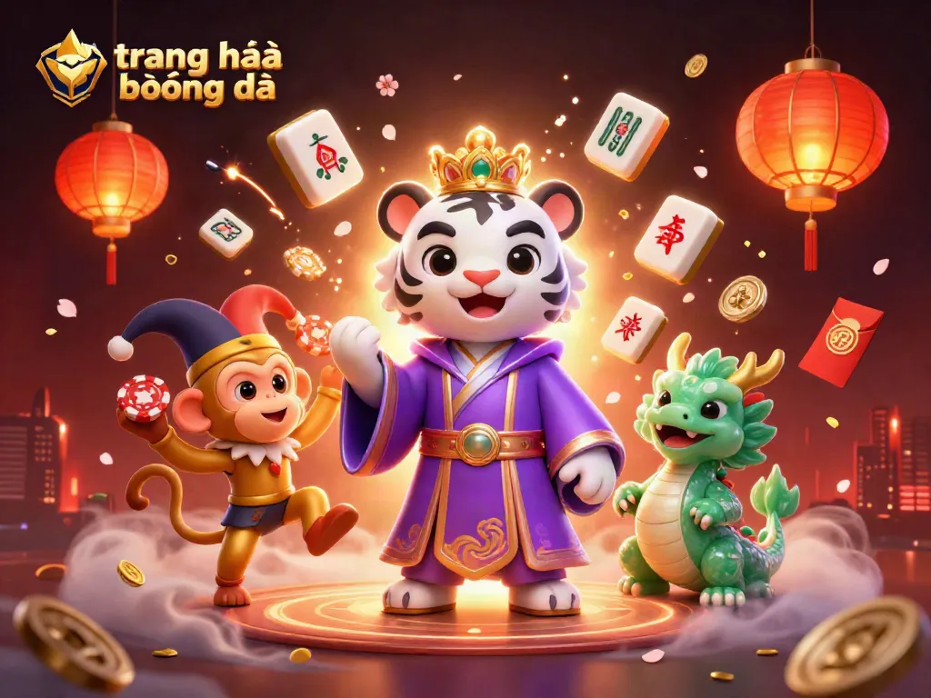 Trang nhà cái bóng đá với hổ trắng, khỉ vàng và rồng ngọc vui vẻ, đại diện cho cá cược thể thao.