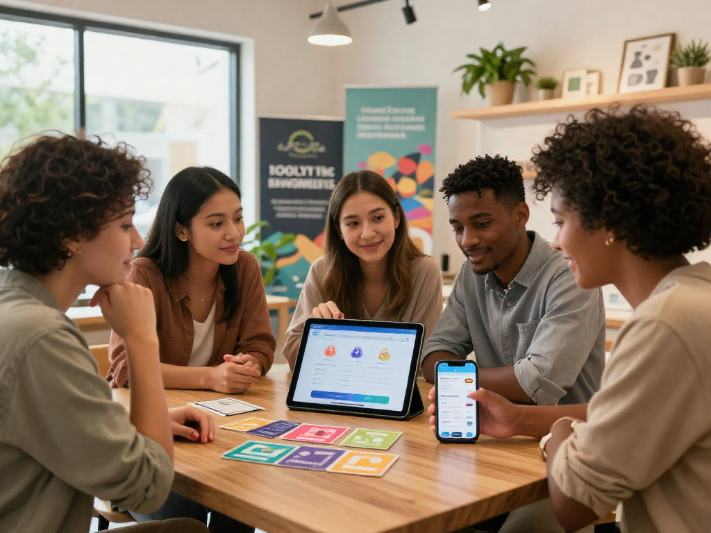 A diverse group of small business owners discussing the benefits of a loyalty app to enhance customer engagement and loyalty.