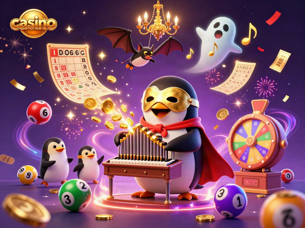 Experience exciting casino games with a playful penguin playing music that rains golden coins.