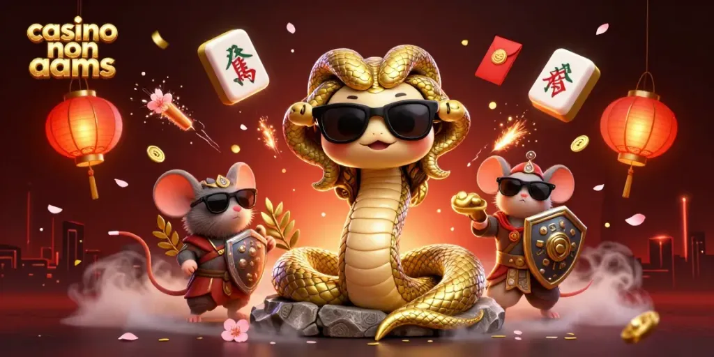 Giocando ai casino non aams con Medusa e un topo guerriero, circondati da simboli di fortuna.