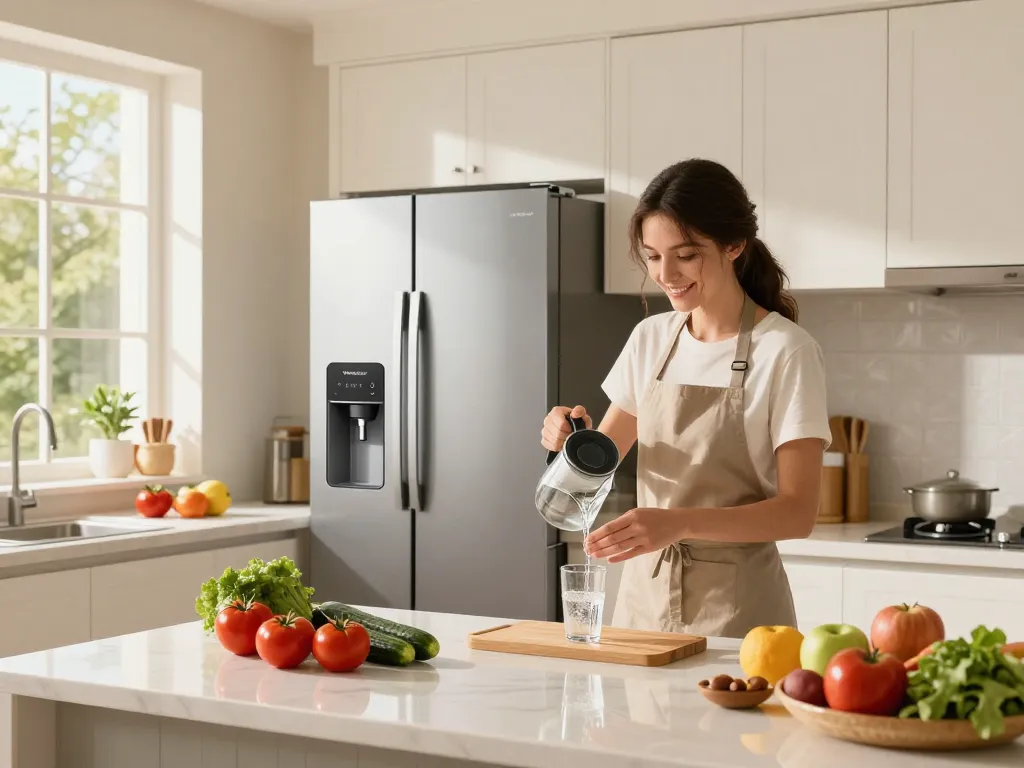 Waterdrop MSWF Refrigerator Water Filter in use in a modern kitchen environment with fresh produce.