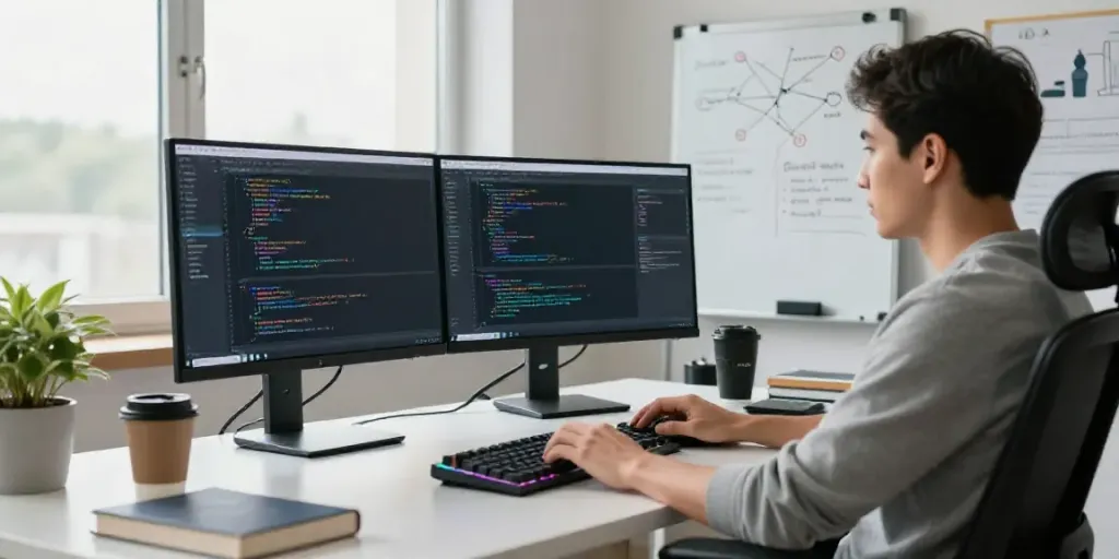 Developer utilizing a neural network text generator in a modern tech workspace, showcasing dual monitors and creative elements.