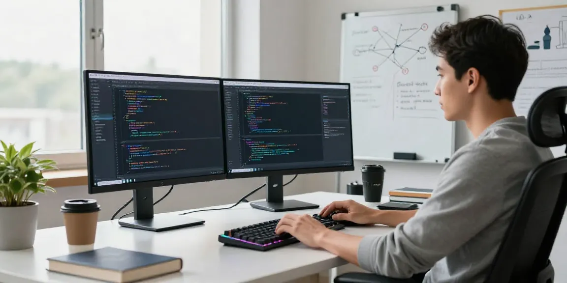 Developer utilizing a neural network text generator in a modern tech workspace, showcasing dual monitors and creative elements.