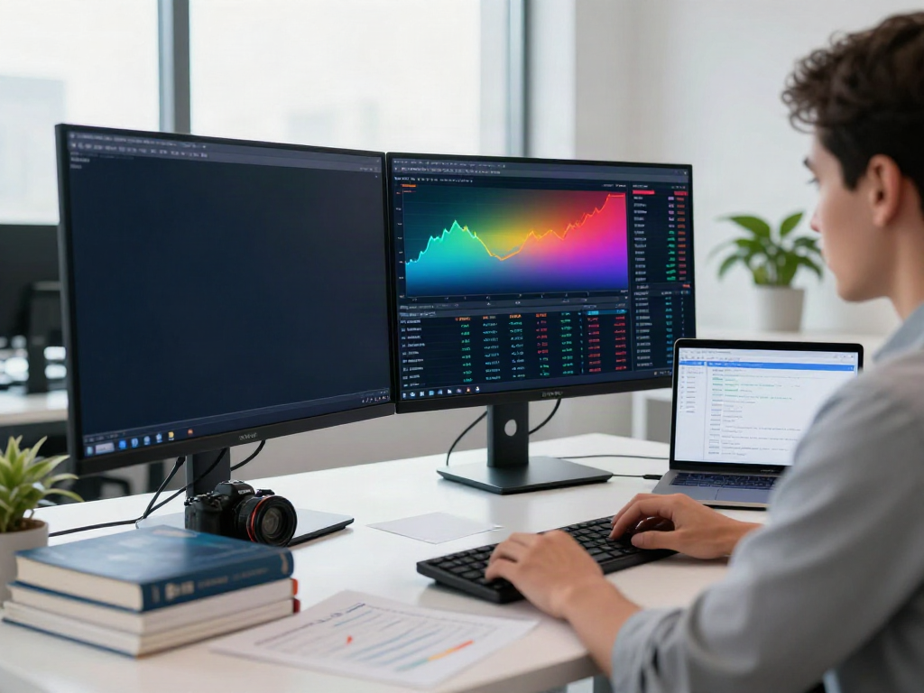 Trader using MetaTrader 5 software on dual monitors for market analysis.
