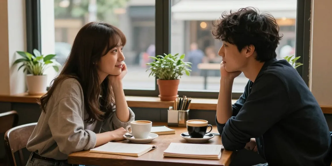 Youthful café scene illustrating the feeling of having a crush on someone, highlighting warm interactions and inviting ambiance.