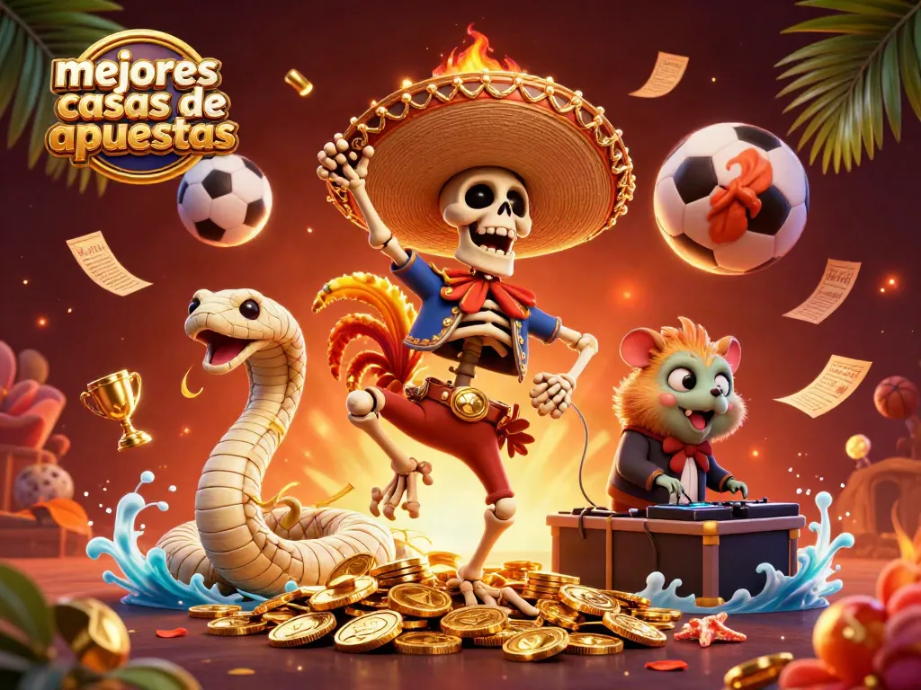 Animar el mundo de las mejores casas de apuestas con un gallo mariachi entre monedas doradas.
