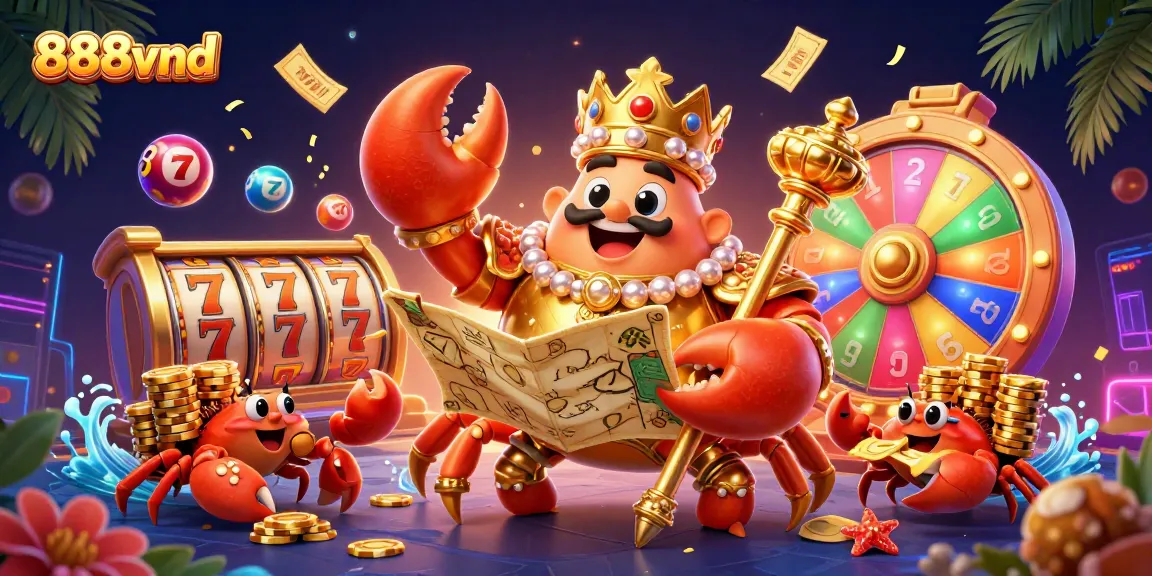 888vnd gaming experience comes alive with golden crab holding scepter and treasure map among vibrant casino elements.