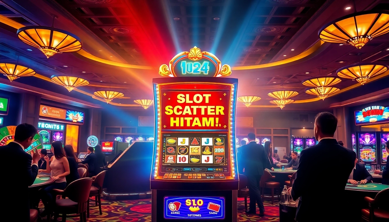 Players enjoying a thrilling round at the Slot Scatter Hitam machine in a vibrant casino atmosphere.