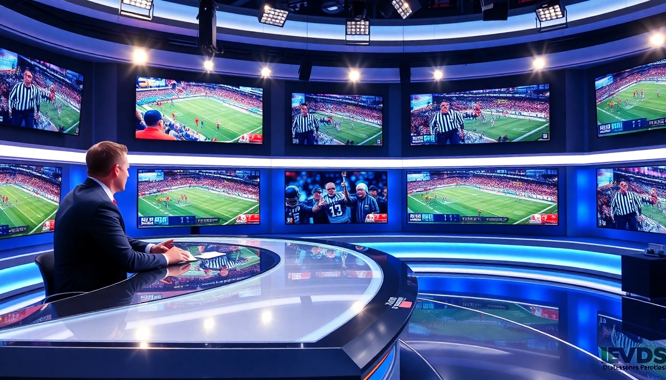 Engaging scene of sports broadcasting with hosts discussing live sports events.