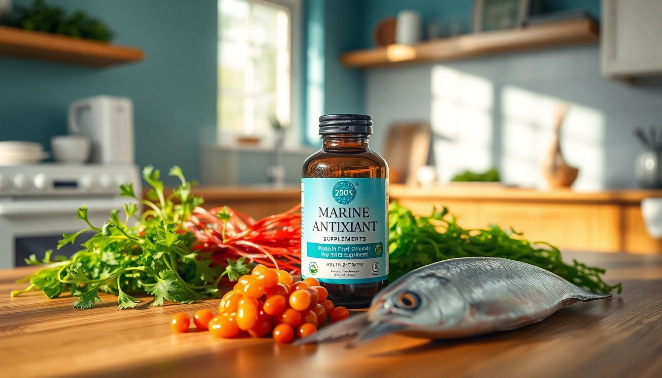 Showcase of marine antioxidant supplement with fresh ingredients and health notes.