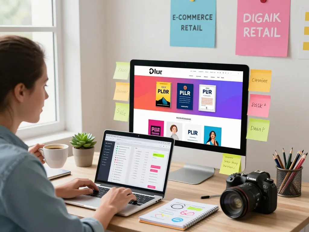 PLR Digital Products for Sale showcased on an inviting e-commerce platform with colorful displays and an engaging entrepreneurial atmosphere.