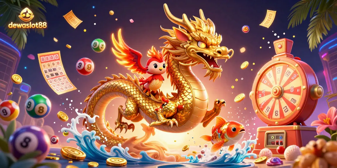 Permainan menarik di dewaslot88 dengan naga emas dan ikan koi melompati koin, saat bermain slot.