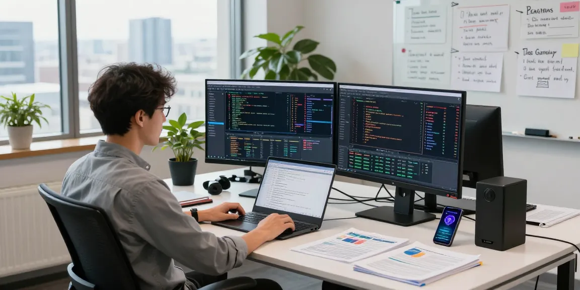 Developer analyzing European blue chip stock API data in a modern fintech office