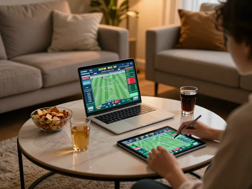 Person strategizing 7meter bola predictions while enjoying a cozy home betting atmosphere