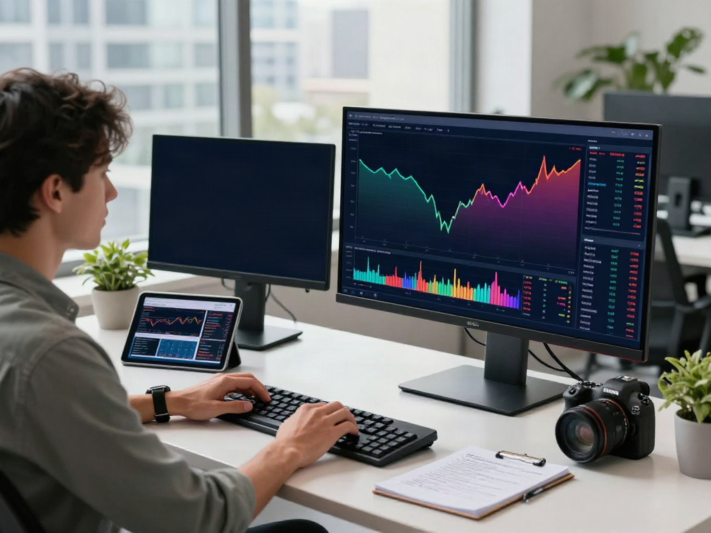 Focused professional analyzing trading data on TradingView in a modern workspace with greenery and natural light.
