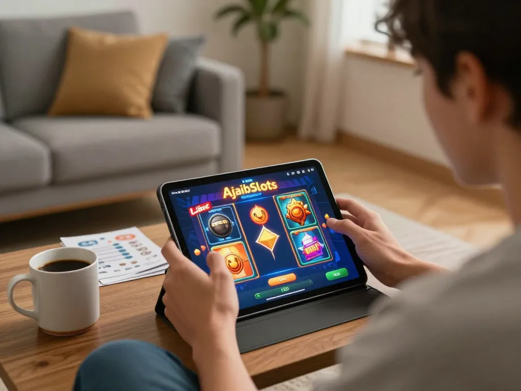 Engaging with Link Slot Gacor game on a tablet in a cozy home setting