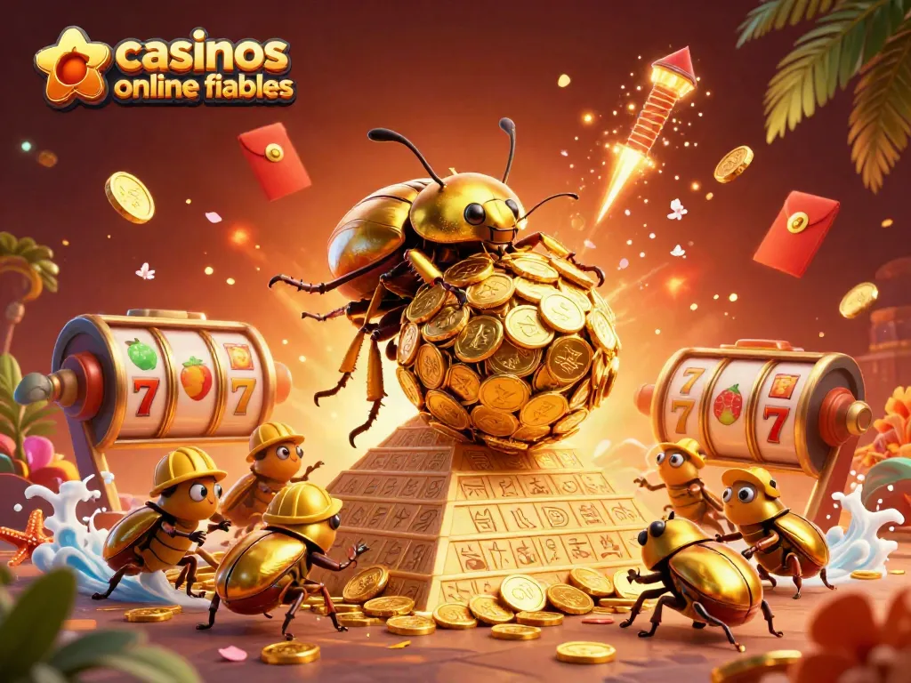 Disfruta de los casinos online fiables mientras juegas sobre una montaña de monedas doradas y símbolos de juego.