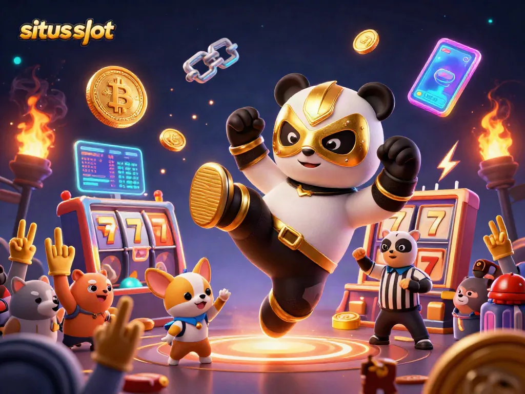 Play exciting situs slot games with a vibrant 3D illustration of wrestling panda amidst lively animal spectators.