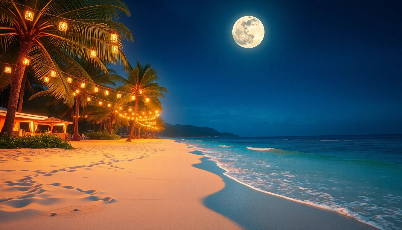 Captivating scene of island light illuminating a serene tropical beach at night.