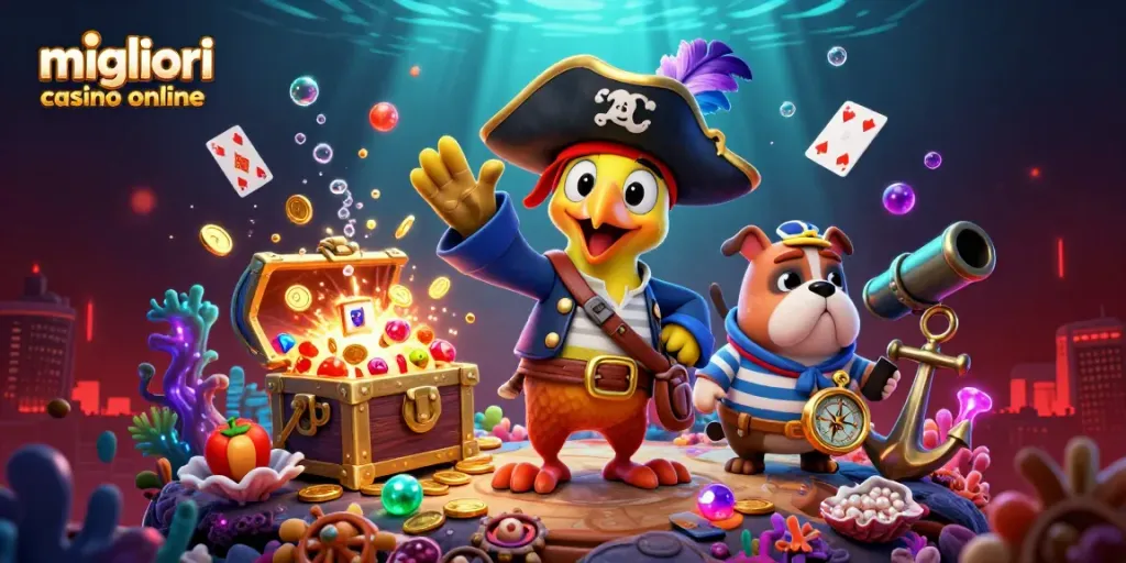 Scopri i migliori casino online con vincite rapide e un'illustrazione vivace di avventura e gioco.