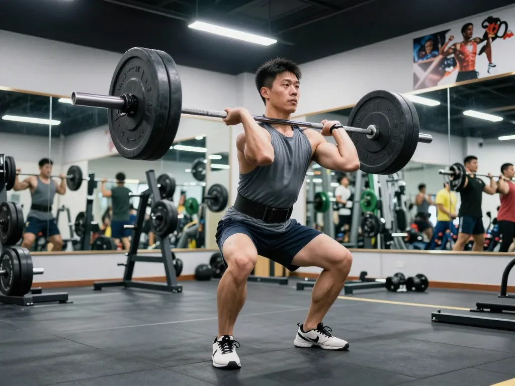 Weightlifter using a shoulder brace for weightlifting in an energized gym setting, demonstrating strength and focus.
