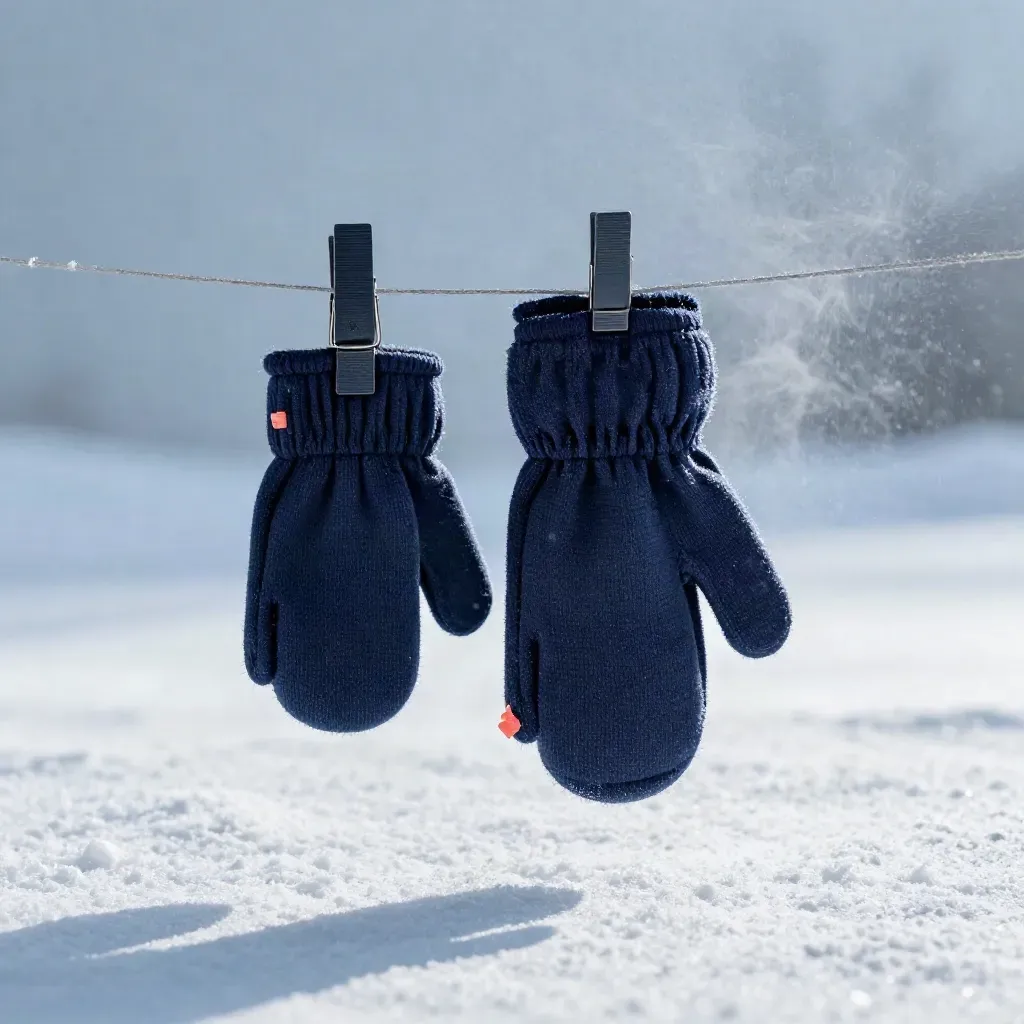 Matte navy mitten clip set with spare straps and wool cuff floating on pale ice-blue.