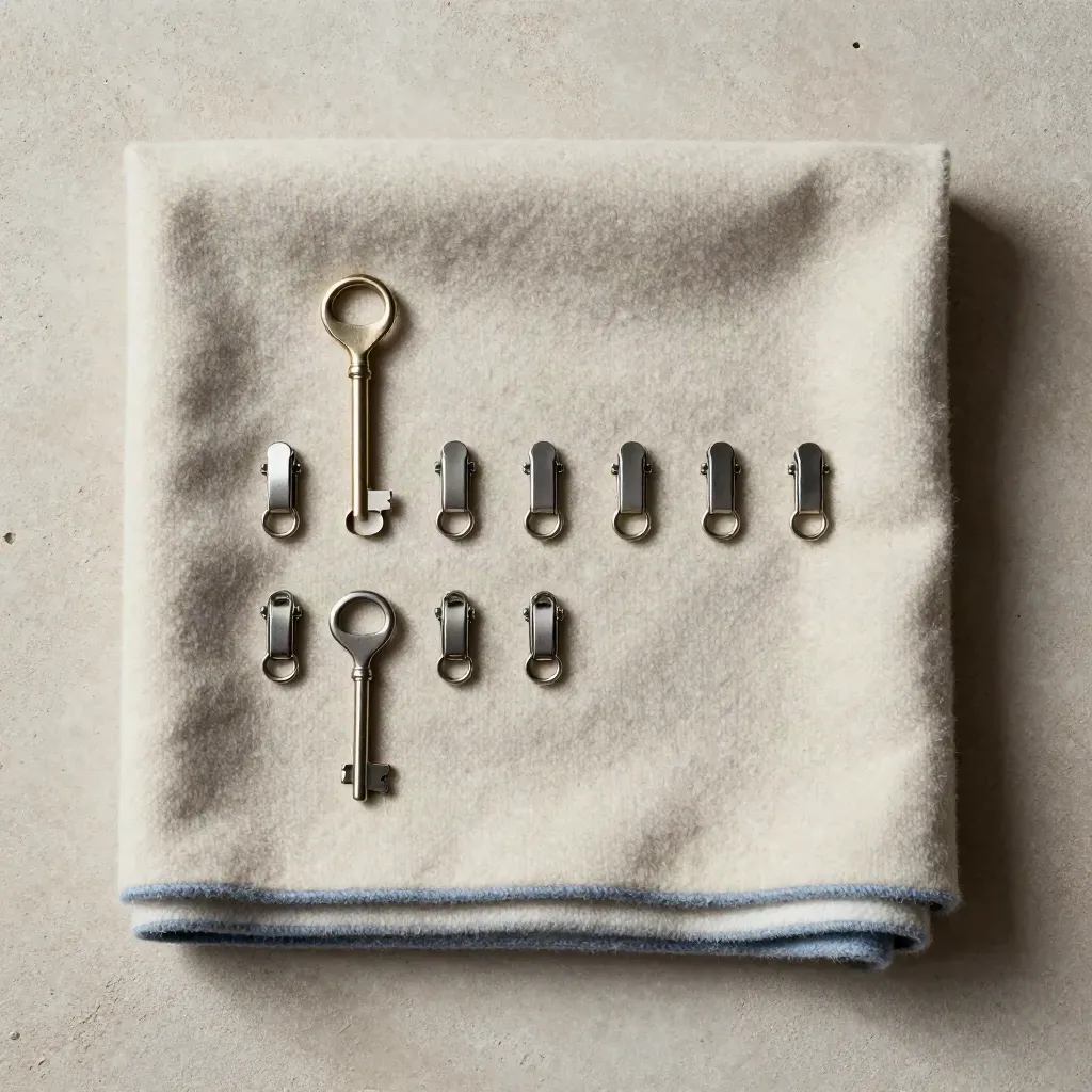 Coat strap keepers, scarf, and spare clips arranged on pale stone in a precise overhead flatlay.