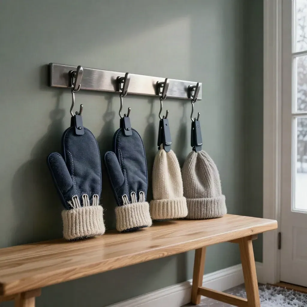 Matte navy mitten keeper clips with winter gear on a pale oak mudroom bench at dawn.