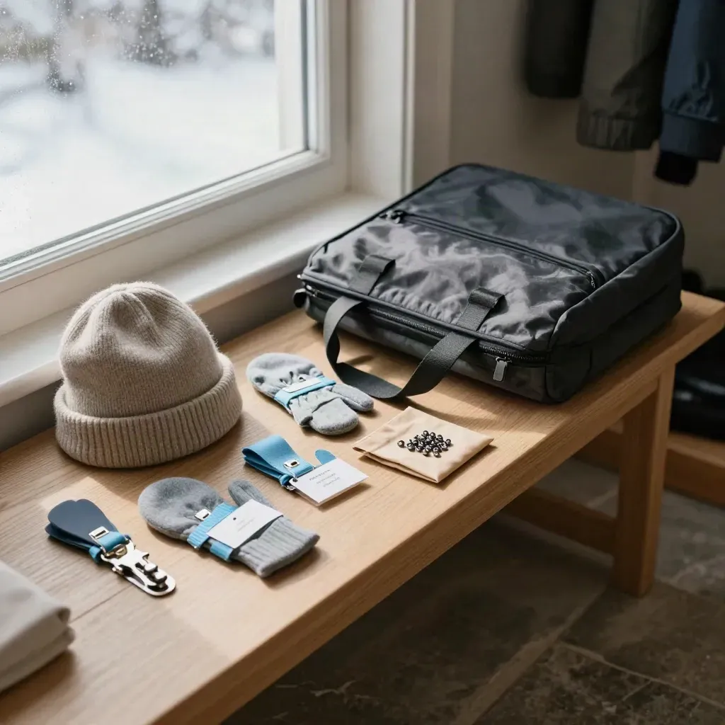Winter clips, tags, hat, and school tote arranged on an entry bench