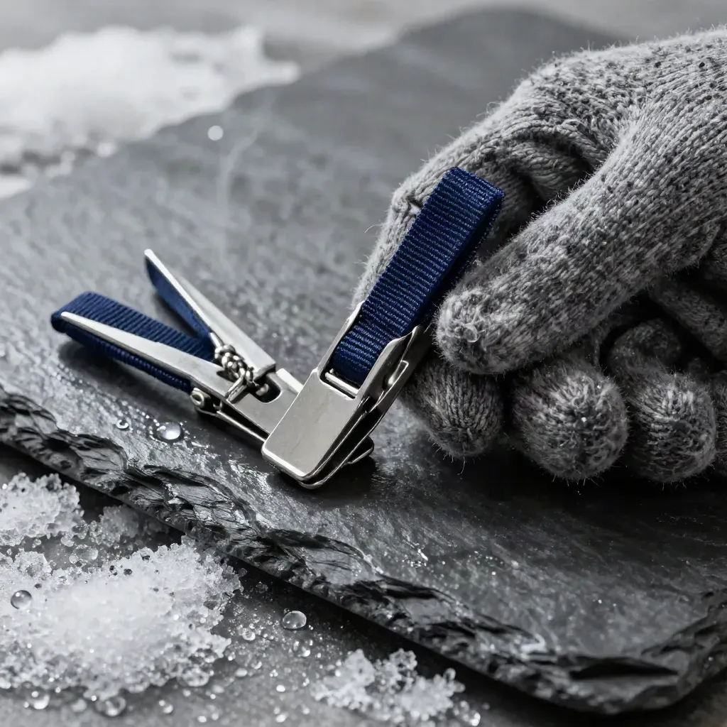 Macro of navy glove clips clasping a gray knit cuff on wet slate with melting snow.