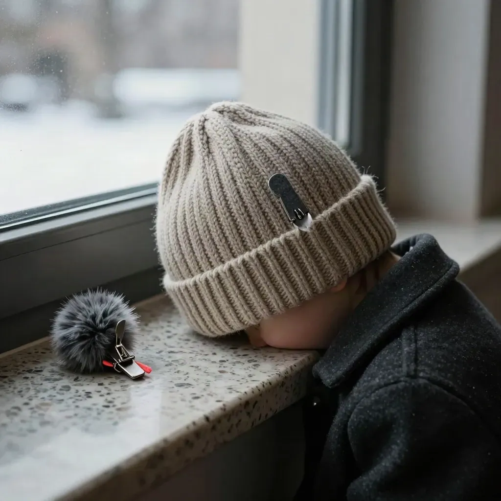Hat keeper clip on a knit beanie and coat collar, with a spare clip and pompom on stone.
