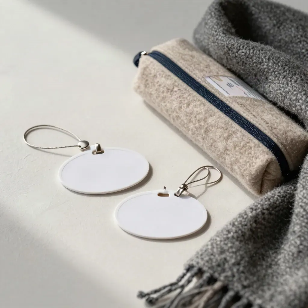 Personalized name tags, felt pencil case and wool scarf on pale plaster, softly lit.