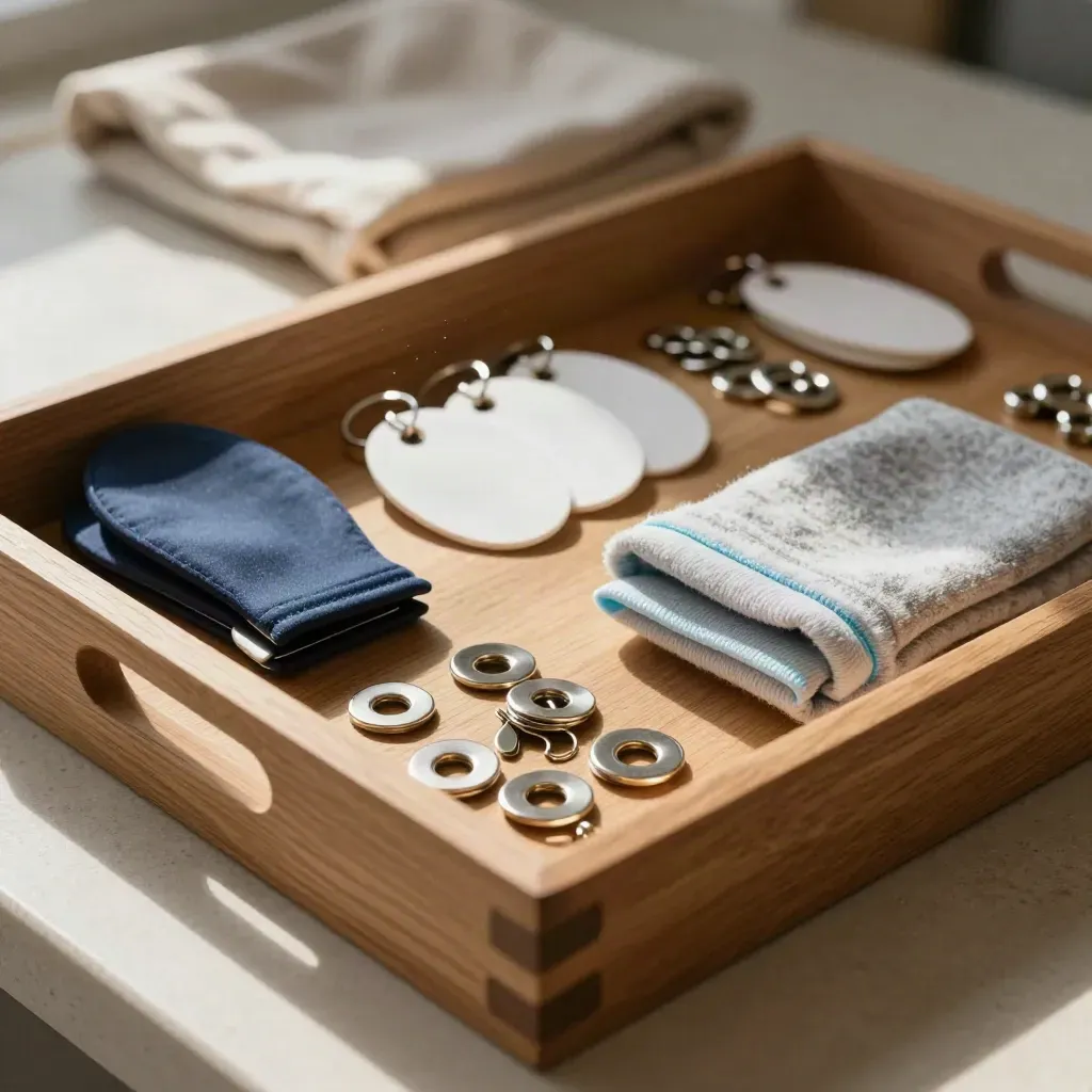 Oak tray with mitten clips, fasteners, and name tags beside a folded mitt cuff
